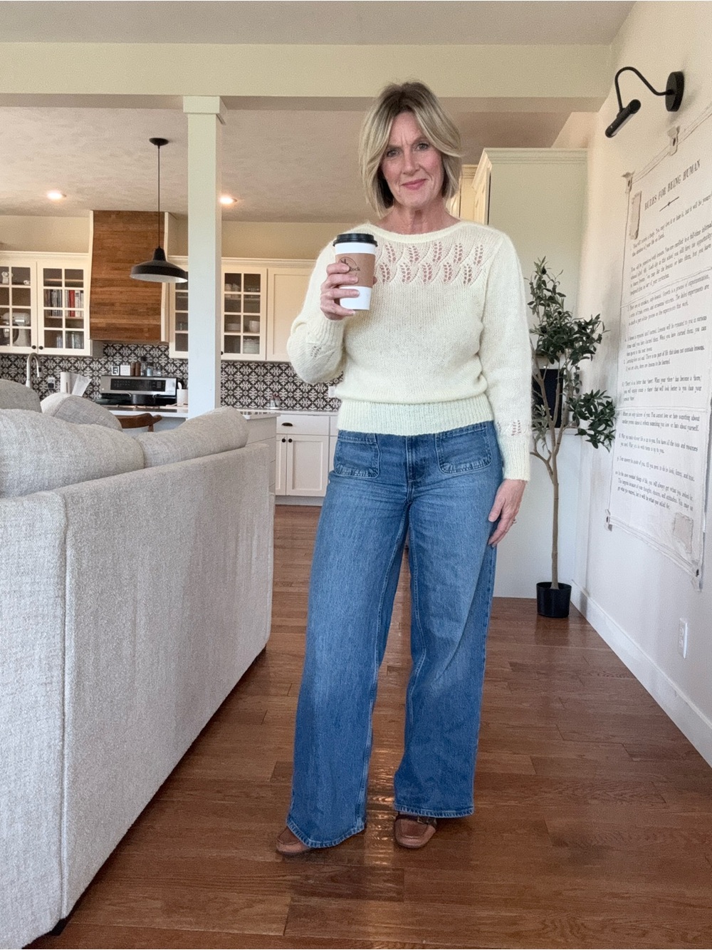 Butter Yellow Crewneck Knit Sweater with Openwork Yoke